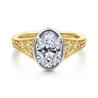 Vintage Inspired 14K White-Yellow Gold Oval Solitaire Diamond Engagement Ring — Gabriel & Co. ER17137O6M4JJJ; center stone shown for illustration, not included