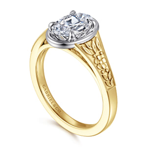 Vintage Inspired 14K White-Yellow Gold Oval Solitaire Diamond Engagement Ring — Gabriel & Co. ER17137O6M4JJJ; center stone shown for illustration, not included