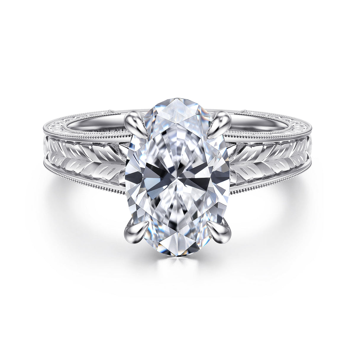 Vintage Inspired 14K White Gold Oval Solitaire Diamond Engagement Ring — Gabriel & Co. ER17138O12W4JJJ; center stone shown for illustration, not included