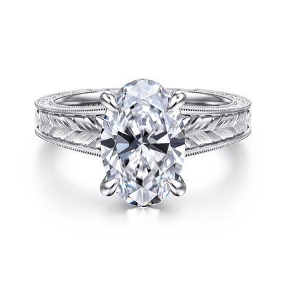 Vintage Inspired 14K White Gold Oval Solitaire Diamond Engagement Ring — Gabriel & Co. ER17138O12W4JJJ; center stone shown for illustration, not included