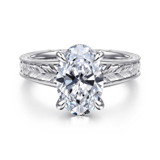 Vintage Inspired 14K White Gold Oval Solitaire Diamond Engagement Ring — Gabriel & Co. ER17138O12W4JJJ; center stone shown for illustration, not included
