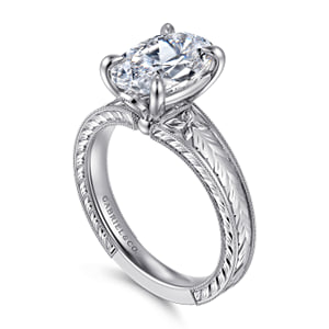 Vintage Inspired 14K White Gold Oval Solitaire Diamond Engagement Ring — Gabriel & Co. ER17138O12W4JJJ; center stone shown for illustration, not included