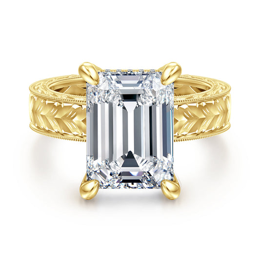 Vintage Inspired 14K Yellow Gold Emerald Cut Diamond Engagement Ring — Gabriel & Co. ER17139E20Y44JJ; center stone shown for illustration, not included