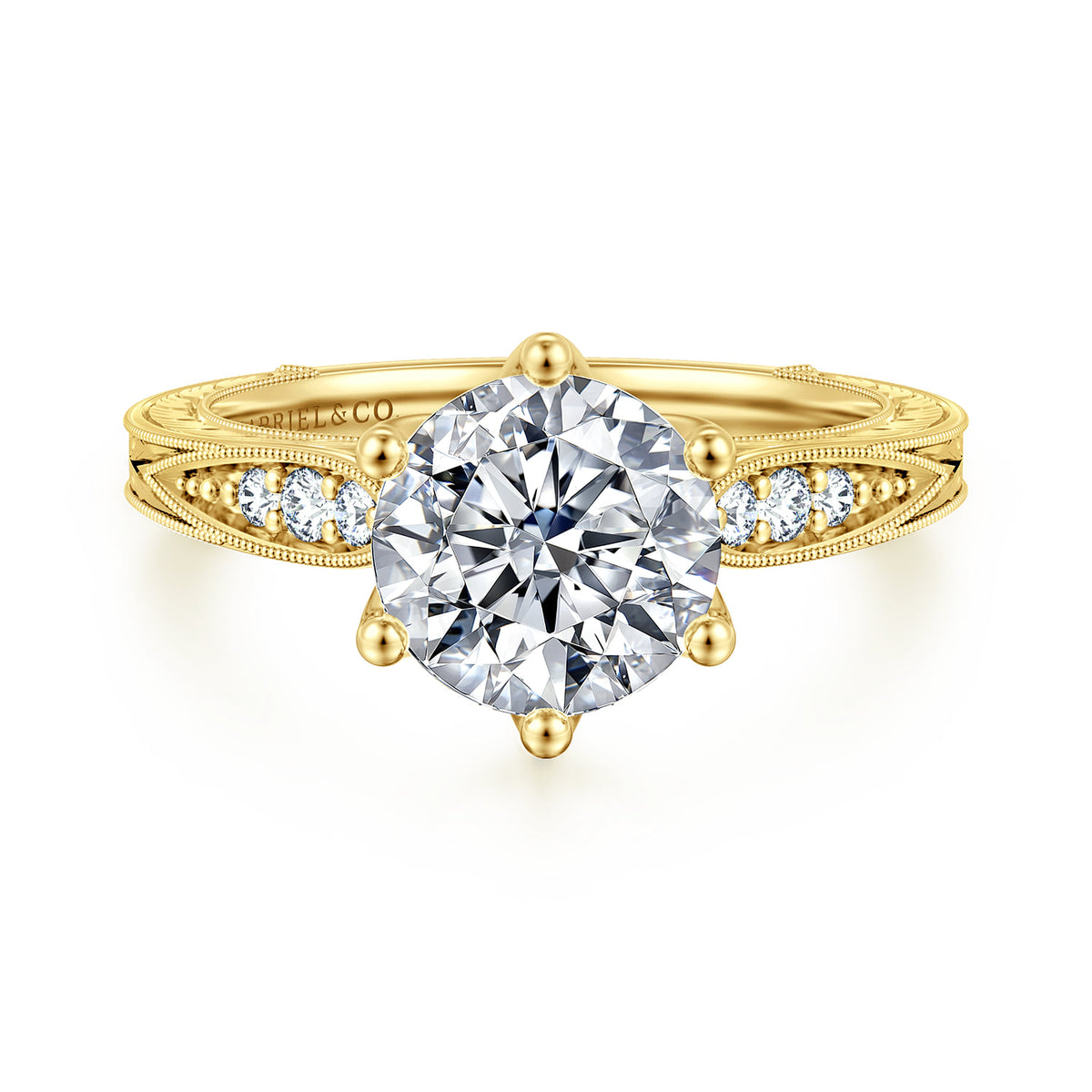 Vintage Inspired 14K Yellow Gold Round Diamond Engagement Ring — Gabriel & Co. ER17140R8Y44JJ; center stone shown for illustration, not included