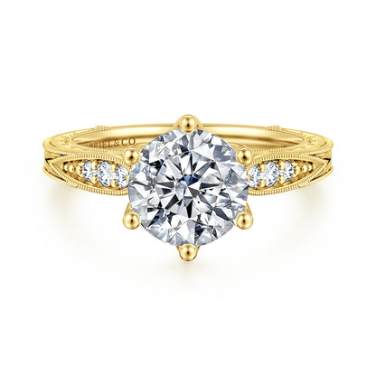 Vintage Inspired 14K Yellow Gold Round Diamond Engagement Ring — Gabriel & Co. ER17140R8Y44JJ; center stone shown for illustration, not included