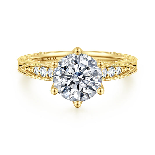 Vintage Inspired 14K Yellow Gold Round Diamond Engagement Ring — Gabriel & Co. ER17140R8Y44JJ; center stone shown for illustration, not included