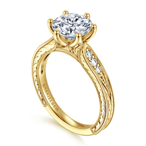 Vintage Inspired 14K Yellow Gold Round Diamond Engagement Ring — Gabriel & Co. ER17140R8Y44JJ; center stone shown for illustration, not included