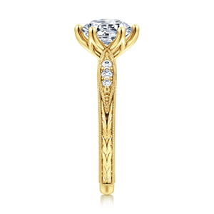 Vintage Inspired 14K Yellow Gold Round Diamond Engagement Ring — Gabriel & Co. ER17140R8Y44JJ; center stone shown for illustration, not included
