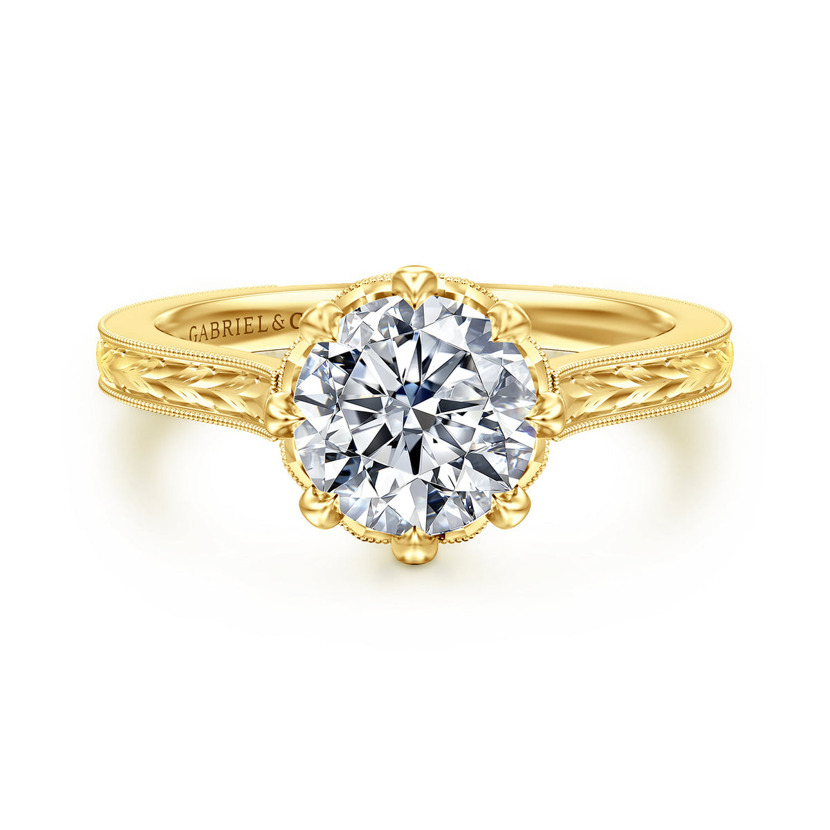Vintage Inspired 14K Yellow Gold Round Diamond Engagement Ring — Gabriel & Co. ER17141R6Y44JJ; center stone shown for illustration, not included