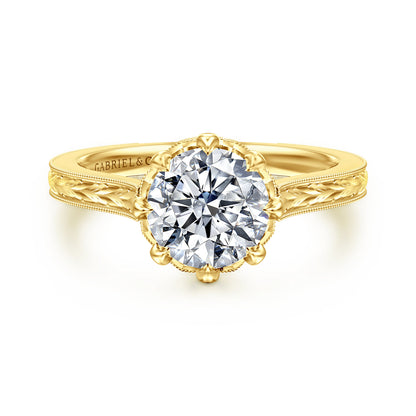 Vintage Inspired 14K Yellow Gold Round Diamond Engagement Ring — Gabriel & Co. ER17141R6Y44JJ; center stone shown for illustration, not included