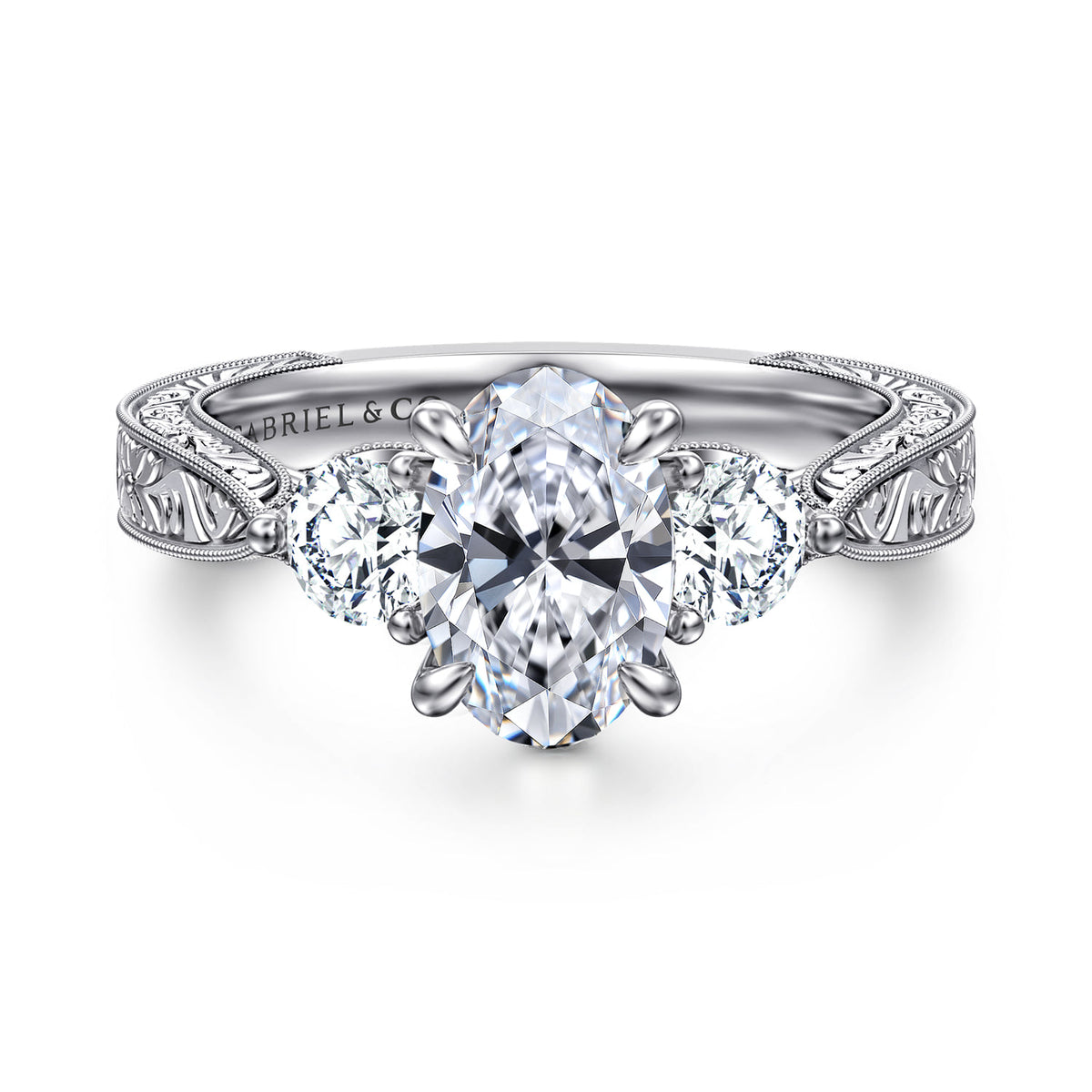 Vintage Inspired 14K White Gold Oval Three Stone Diamond Engagement Ring — Gabriel & Co. ER17142O6W44JJ; center stone shown for illustration, not included