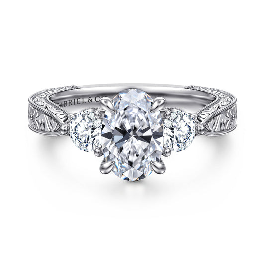 Vintage Inspired 14K White Gold Oval Three Stone Diamond Engagement Ring — Gabriel & Co. ER17142O6W44JJ; center stone shown for illustration, not included