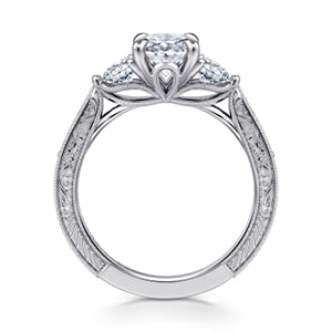 Vintage Inspired 14K White Gold Oval Three Stone Diamond Engagement Ring — Gabriel & Co. ER17142O6W44JJ; center stone shown for illustration, not included