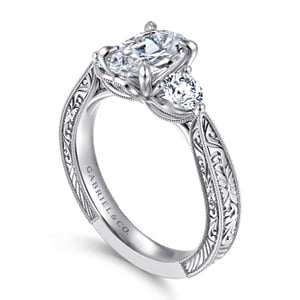 Vintage Inspired 14K White Gold Oval Three Stone Diamond Engagement Ring — Gabriel & Co. ER17142O6W44JJ; center stone shown for illustration, not included