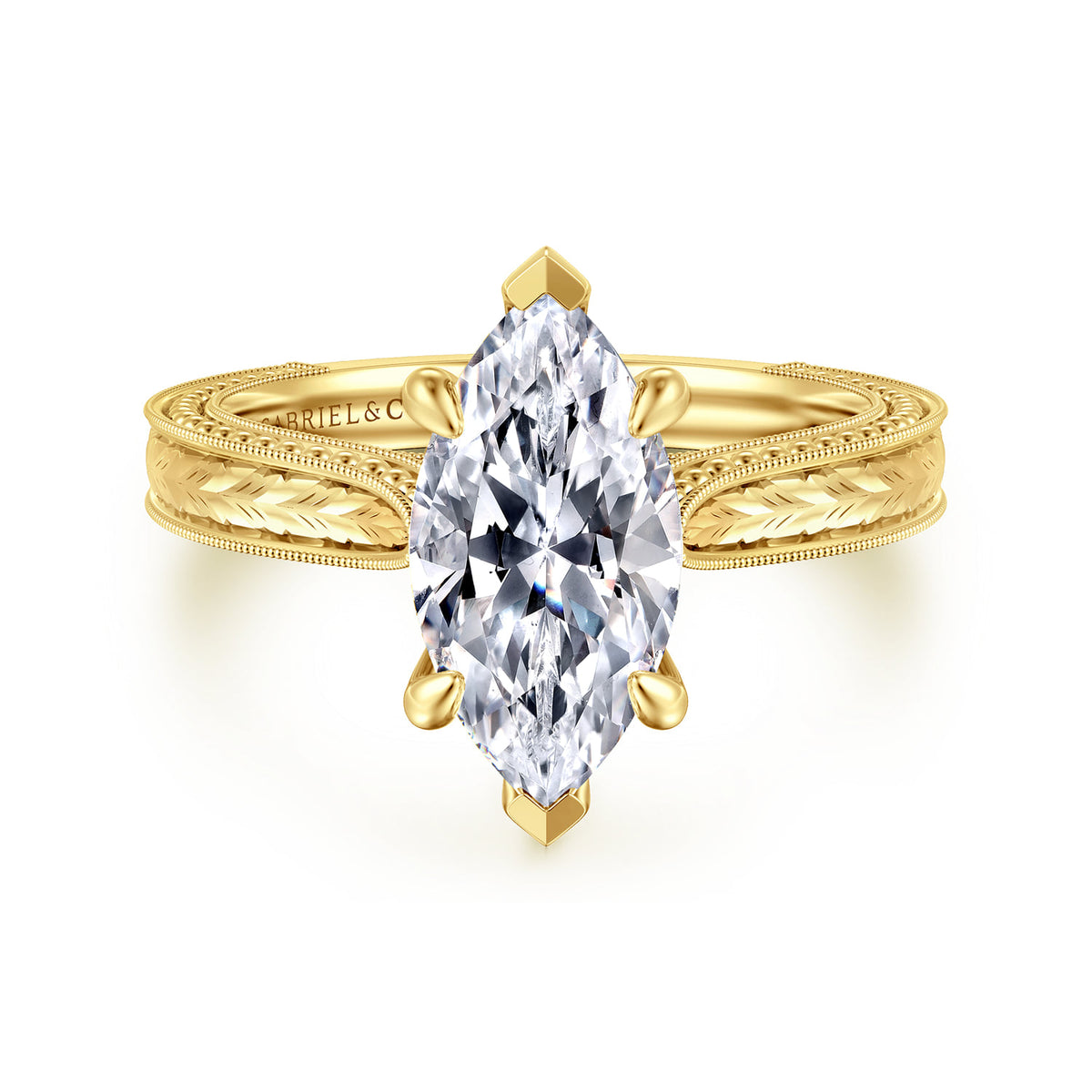 Vintage Inspired 14K Yellow Gold Marquise Shape Solitaire Diamond Engagement Ring — Gabriel & Co. ER17146M8Y4JJJ; center stone shown for illustration, not included