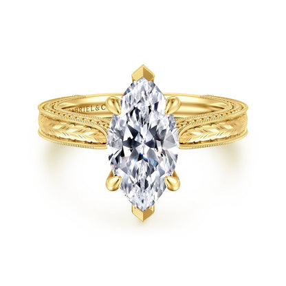 Vintage Inspired 14K Yellow Gold Marquise Shape Solitaire Diamond Engagement Ring — Gabriel & Co. ER17146M8Y4JJJ; center stone shown for illustration, not included