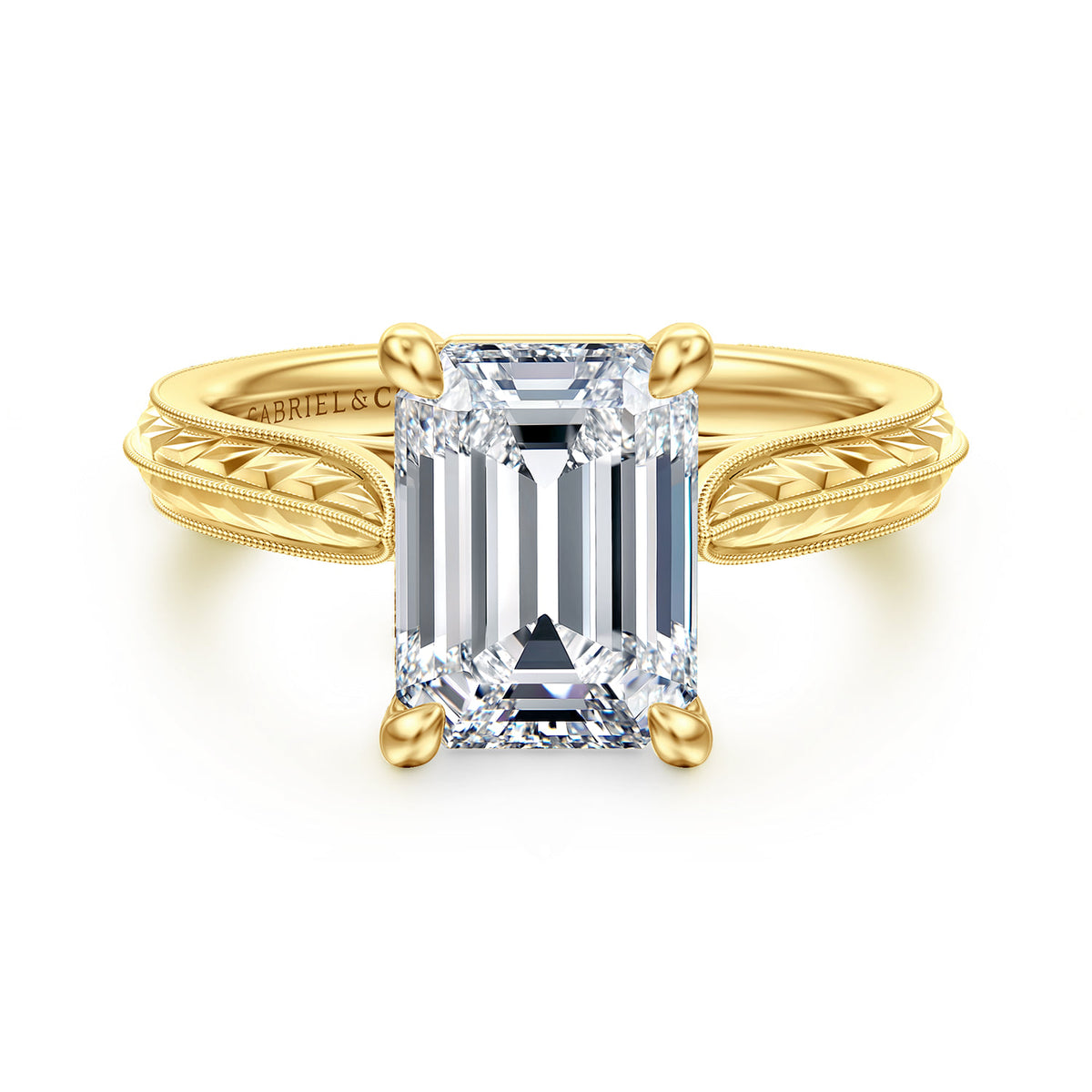 Vintage Inspired 14K Yellow Gold Emerald Cut Solitaire Diamond Engagement Ring — Gabriel & Co. ER17147E12Y4JJJ; center stone shown for illustration, not included