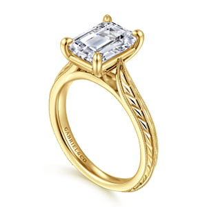 Vintage Inspired 14K Yellow Gold Emerald Cut Solitaire Diamond Engagement Ring — Gabriel & Co. ER17147E12Y4JJJ; center stone shown for illustration, not included