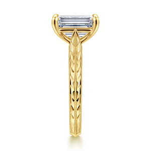 Vintage Inspired 14K Yellow Gold Emerald Cut Solitaire Diamond Engagement Ring — Gabriel & Co. ER17147E12Y4JJJ; center stone shown for illustration, not included