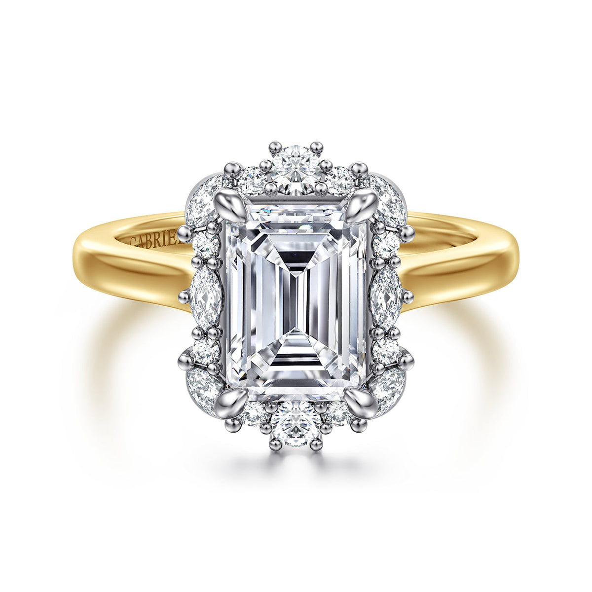 14K White-Yellow Gold Emerald Cut Halo Diamond Engagement Ring — Gabriel & Co. ER17185E8M44JJ; center stone shown for illustration, not included