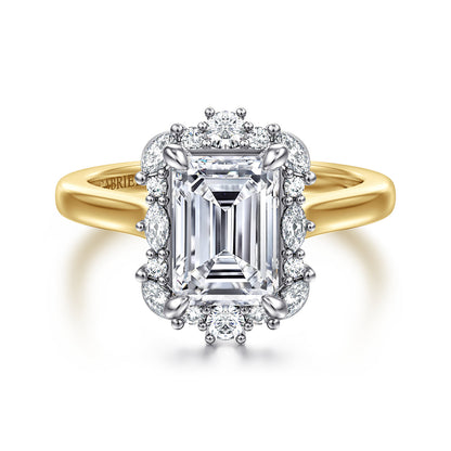 14K White-Yellow Gold Emerald Cut Halo Diamond Engagement Ring — Gabriel & Co. ER17185E8M44JJ; center stone shown for illustration, not included