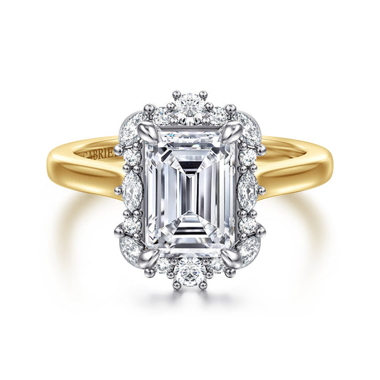 14K White-Yellow Gold Emerald Cut Halo Diamond Engagement Ring — Gabriel & Co. ER17185E8M44JJ; center stone shown for illustration, not included