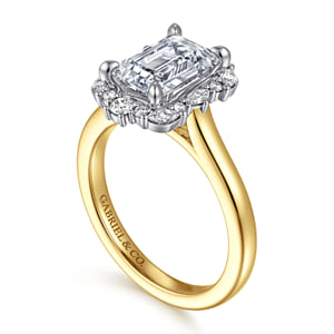 14K White-Yellow Gold Emerald Cut Halo Diamond Engagement Ring — Gabriel & Co. ER17185E8M44JJ; center stone shown for illustration, not included