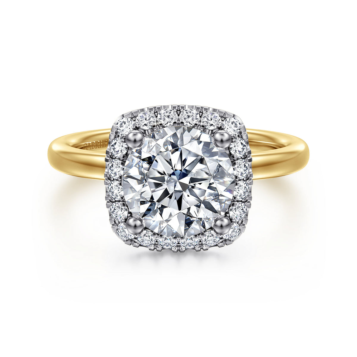14K White-Yellow Gold Round Halo Diamond Engagement Ring — Gabriel & Co. ER17186R8M44JJ; center stone shown for illustration, not included