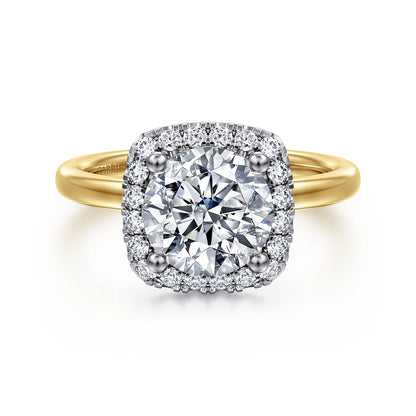 14K White-Yellow Gold Round Halo Diamond Engagement Ring — Gabriel & Co. ER17186R8M44JJ; center stone shown for illustration, not included