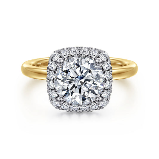 14K White-Yellow Gold Round Halo Diamond Engagement Ring — Gabriel & Co. ER17186R8M44JJ; center stone shown for illustration, not included