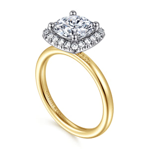 14K White-Yellow Gold Round Halo Diamond Engagement Ring — Gabriel & Co. ER17186R8M44JJ; center stone shown for illustration, not included