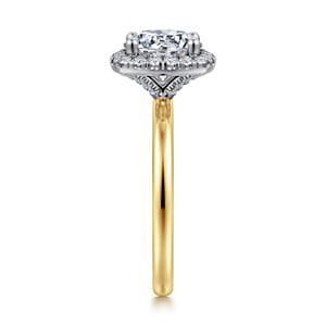 14K White-Yellow Gold Round Halo Diamond Engagement Ring — Gabriel & Co. ER17186R8M44JJ; center stone shown for illustration, not included