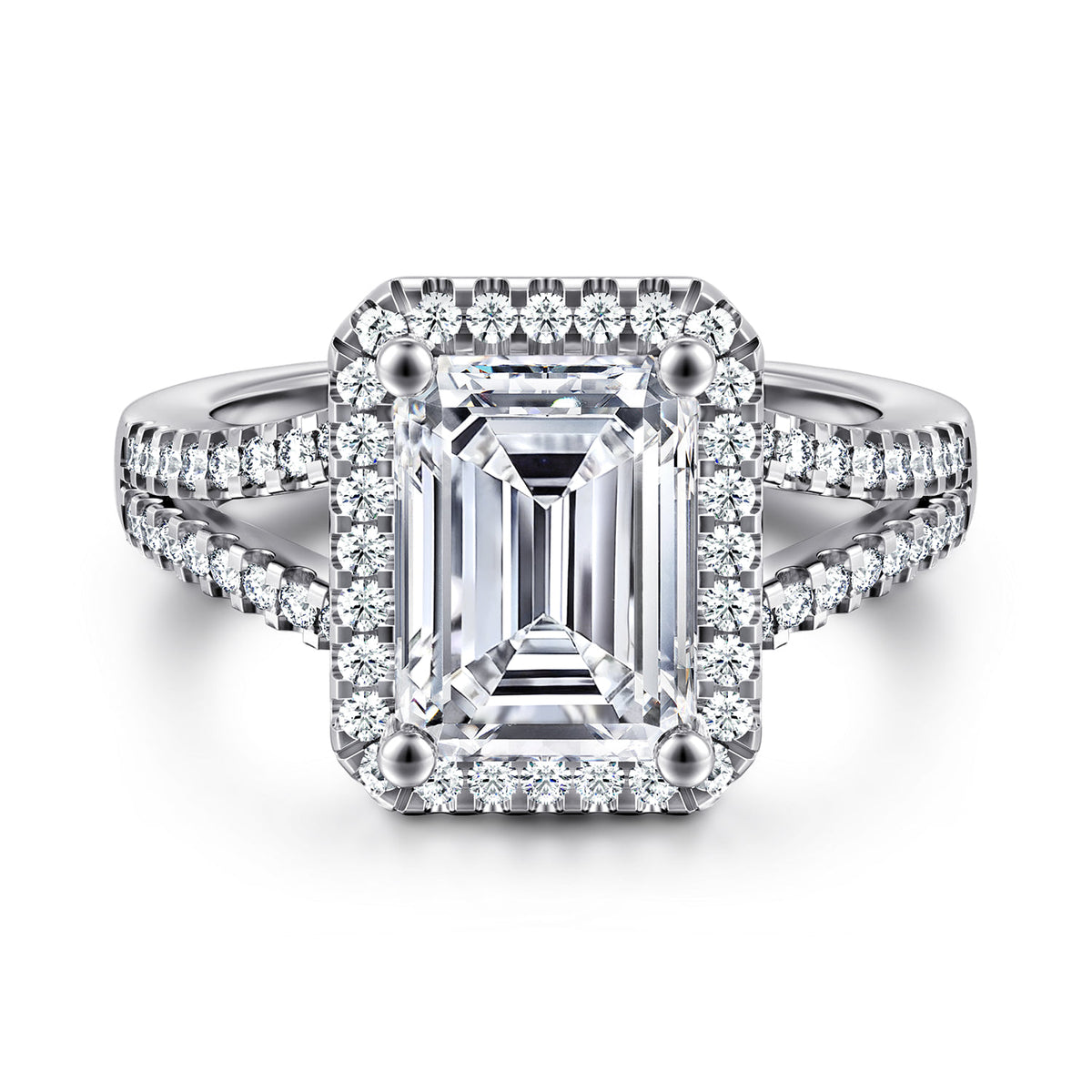 14K White Gold Emerald Cut Halo Diamond Engagement Ring — Gabriel & Co. ER17188E12W44JJ; center stone shown for illustration, not included