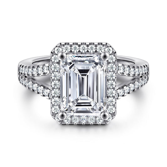 14K White Gold Emerald Cut Halo Diamond Engagement Ring — Gabriel & Co. ER17188E12W44JJ; center stone shown for illustration, not included