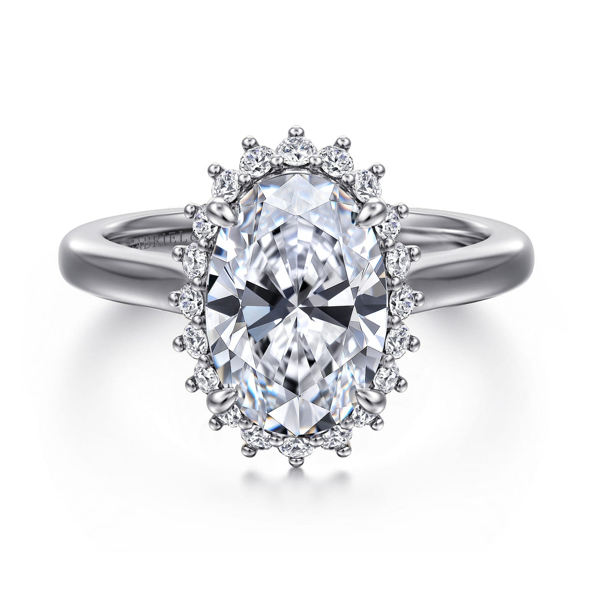 14K White Gold Oval Halo Diamond Engagement Ring — Gabriel & Co. ER17190O12W44JJ; center stone shown for illustration, not included