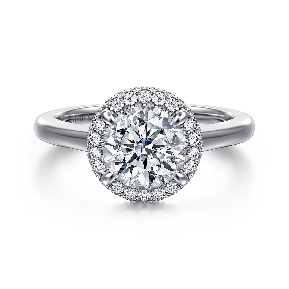 14K White Gold Round Halo Diamond Engagement Ring — Gabriel & Co. ER17192R6W44JJ; center stone shown for illustration, not included