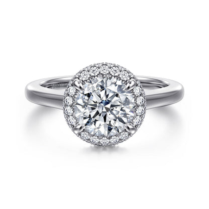 14K White Gold Round Halo Diamond Engagement Ring — Gabriel & Co. ER17192R6W44JJ; center stone shown for illustration, not included