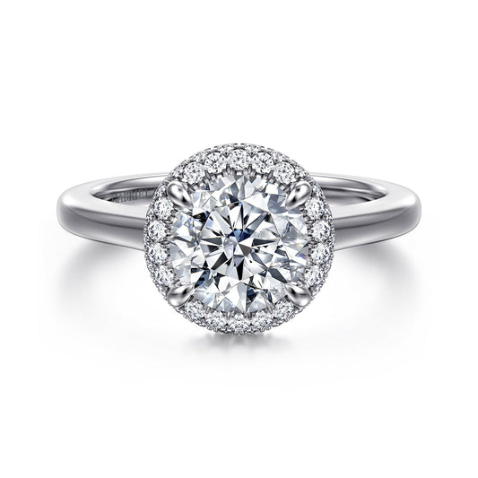 14K White Gold Round Halo Diamond Engagement Ring — Gabriel & Co. ER17192R6W44JJ; center stone shown for illustration, not included