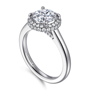 14K White Gold Round Halo Diamond Engagement Ring — Gabriel & Co. ER17192R6W44JJ; center stone shown for illustration, not included