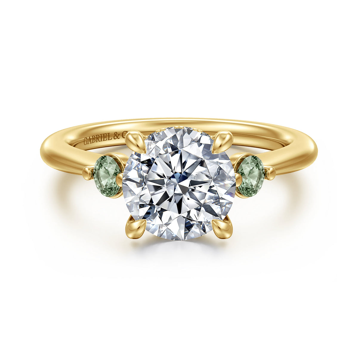 14K Yellow Gold Round Three Stone Green Sapphire and Diamond Engagement Ring — Gabriel & Co. ER17441R8Y44GS; center stone shown for illustration, not included