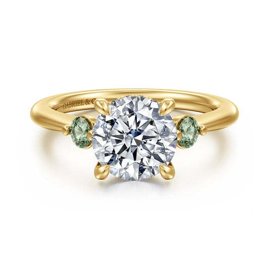 14K Yellow Gold Round Three Stone Green Sapphire and Diamond Engagement Ring — Gabriel & Co. ER17441R8Y44GS; center stone shown for illustration, not included