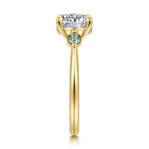 14K Yellow Gold Round Three Stone Green Sapphire and Diamond Engagement Ring — Gabriel & Co. ER17441R8Y44GS; center stone shown for illustration, not included