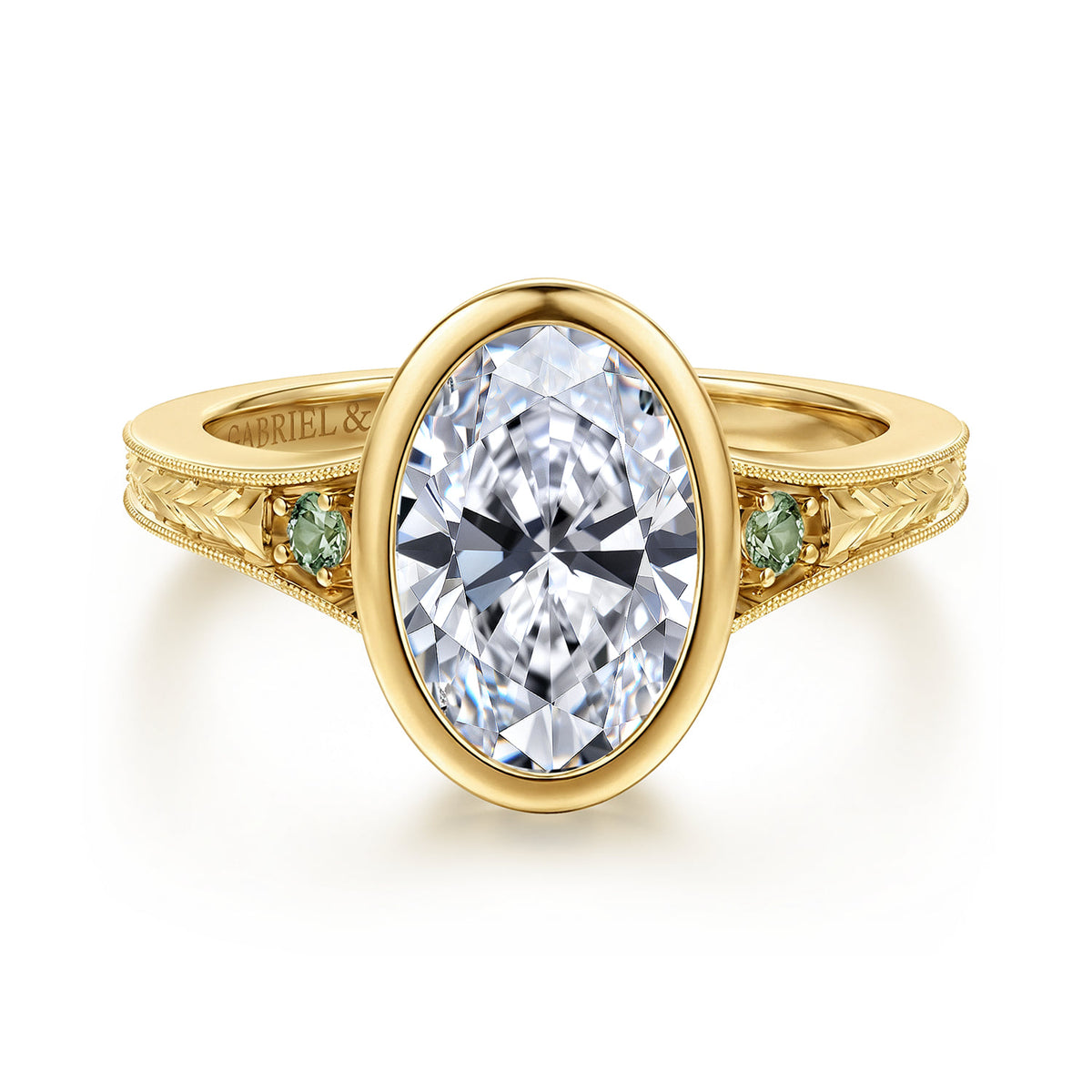 Vintage Inspired 14K Yellow Gold Oval Three Stone Green Sapphire and Diamod Engagement Ring — Gabriel & Co. ER17443O8Y4JGS; center stone shown for illustration, not included
