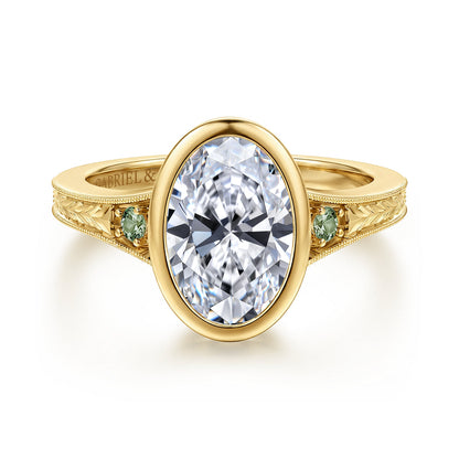 Vintage Inspired 14K Yellow Gold Oval Three Stone Green Sapphire and Diamod Engagement Ring — Gabriel & Co. ER17443O8Y4JGS; center stone shown for illustration, not included