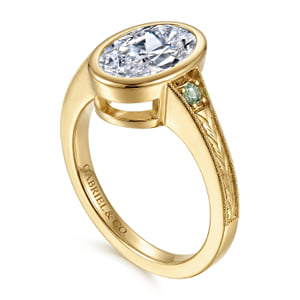 Vintage Inspired 14K Yellow Gold Oval Three Stone Green Sapphire and Diamod Engagement Ring — Gabriel & Co. ER17443O8Y4JGS; center stone shown for illustration, not included