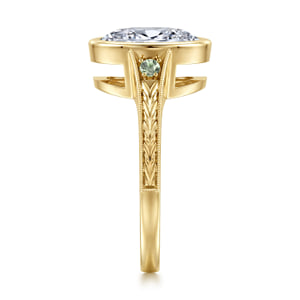Vintage Inspired 14K Yellow Gold Oval Three Stone Green Sapphire and Diamod Engagement Ring — Gabriel & Co. ER17443O8Y4JGS; center stone shown for illustration, not included