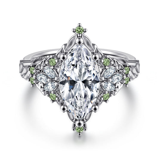 14K White Gold Marquise Shape Cluster Green Sapphire and Diamond Engagement Ring — Gabriel & Co. ER17444M8W43GS; center stone shown for illustration, not included