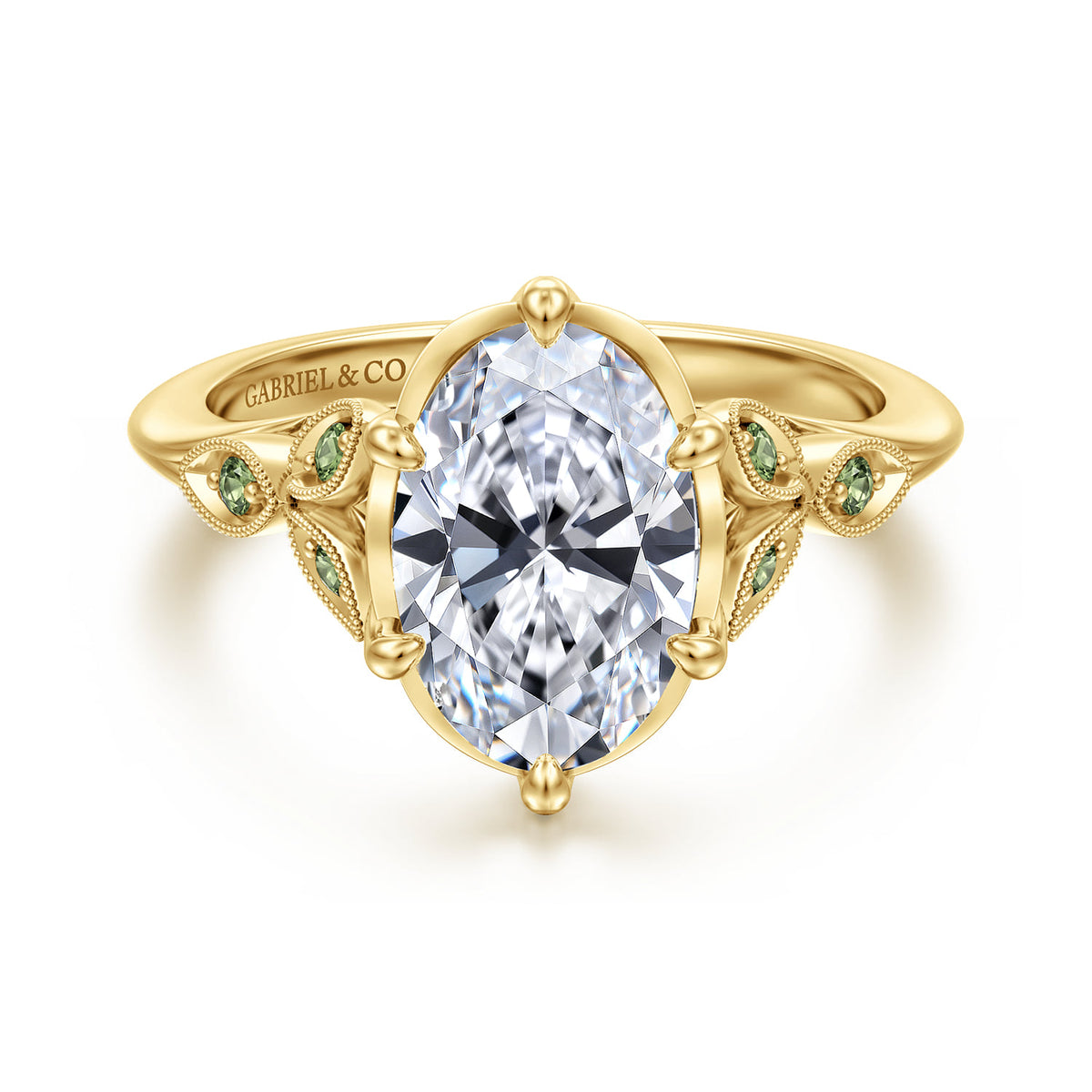 Vintage Inspired 14K Yellow Gold Oval Green Sapphire and Diamod Engagement Ring — Gabriel & Co. ER17445O8Y4JGS; center stone shown for illustration, not included