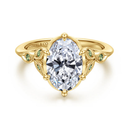 Vintage Inspired 14K Yellow Gold Oval Green Sapphire and Diamod Engagement Ring — Gabriel & Co. ER17445O8Y4JGS; center stone shown for illustration, not included