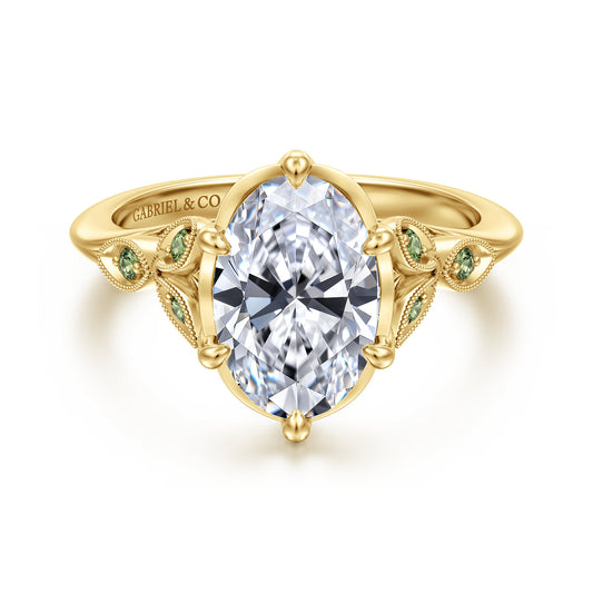 Vintage Inspired 14K Yellow Gold Oval Green Sapphire and Diamod Engagement Ring — Gabriel & Co. ER17445O8Y4JGS; center stone shown for illustration, not included